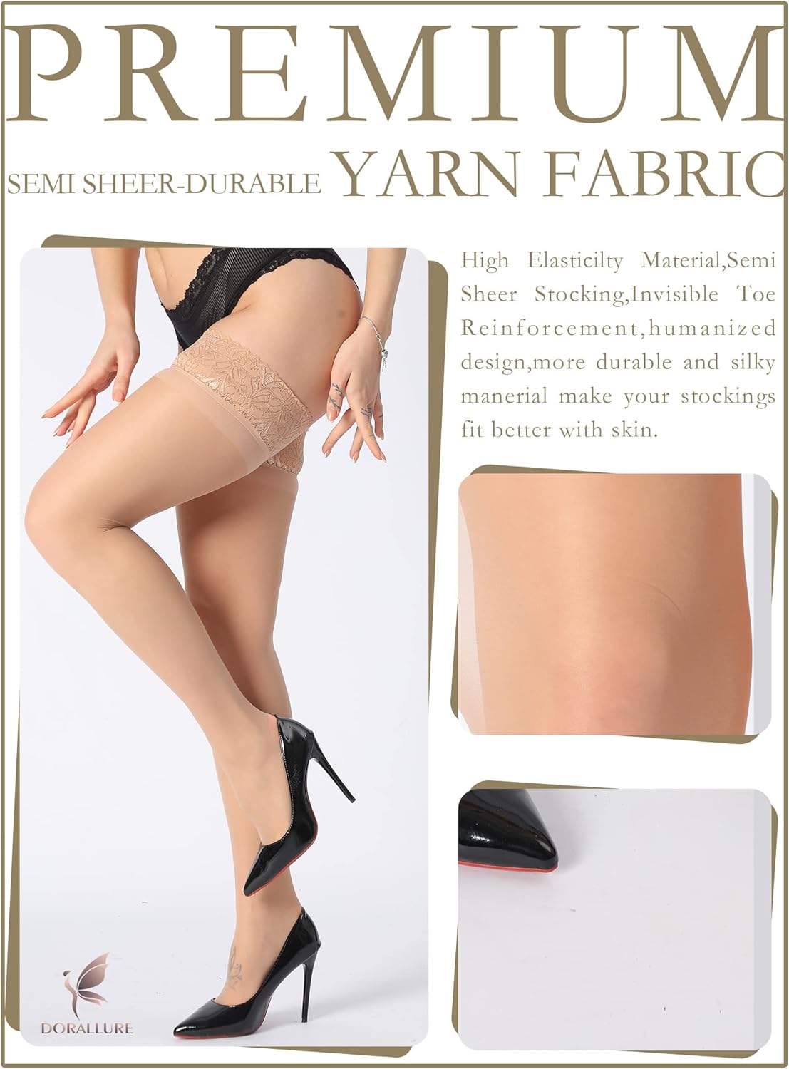 Thigh Stockings for Women Stay Up Silk Tights Lace Top Sheer Tights