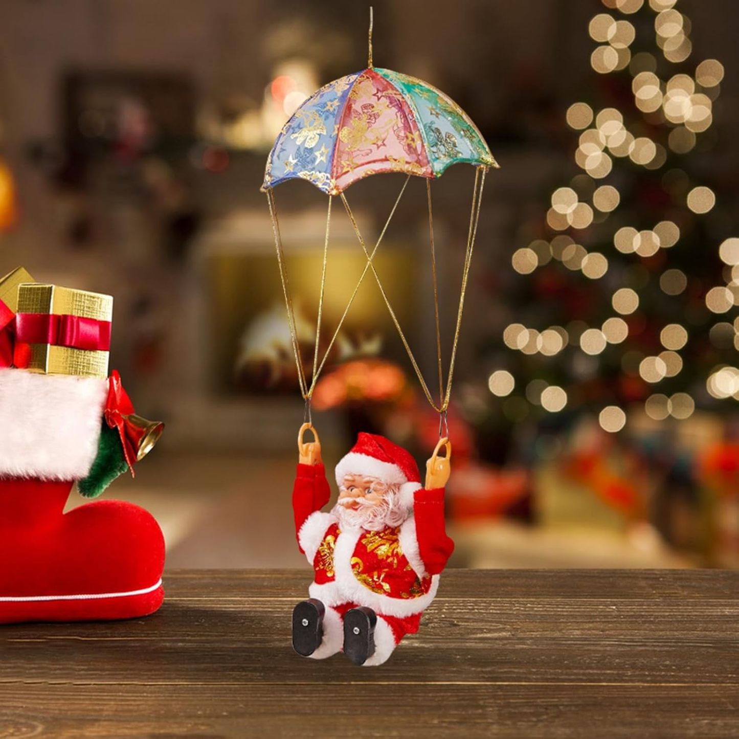 Funny Santa Claus Figurines Ornament, Electric Santa Twerk/Climbing Stairs/Climbing Rope/Climb Chimney Toy, Christmas Home Holiday Decorations (F-Santa Sitting Parachute, One Size)