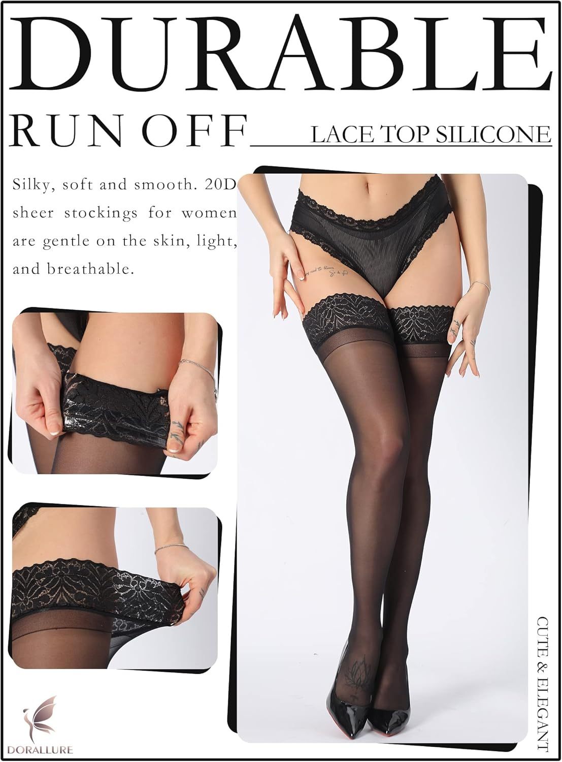 Thigh Stockings for Women Stay Up Silk Tights Lace Top Sheer Tights