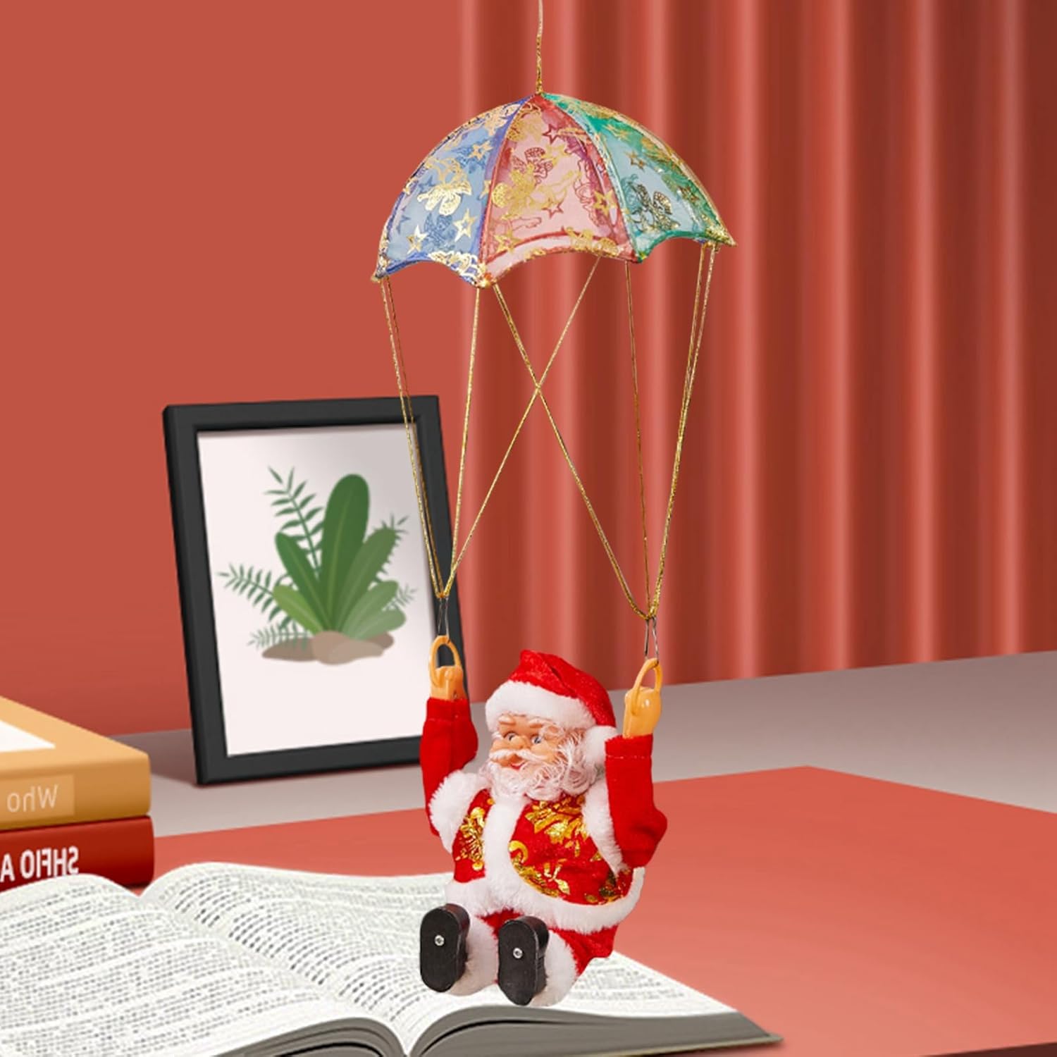 Funny Santa Claus Figurines Ornament, Electric Santa Twerk/Climbing Stairs/Climbing Rope/Climb Chimney Toy, Christmas Home Holiday Decorations (F-Santa Sitting Parachute, One Size)
