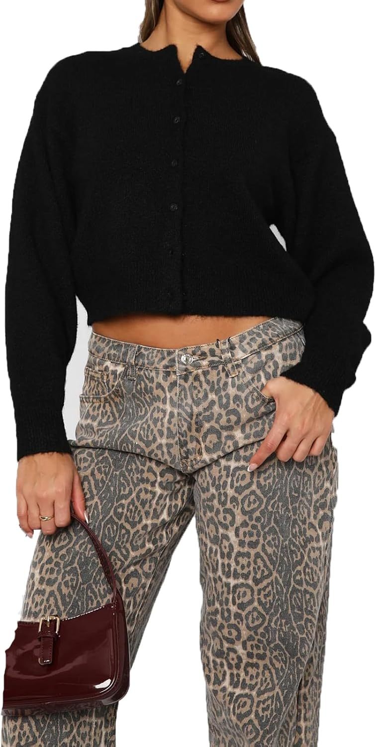 DELIMALI Women's Cropped Cardigan Knitwear Crew Neck Button Placket Long Sleeve Cardigan Sweater Lightweight Jacket Bolero Shrugs