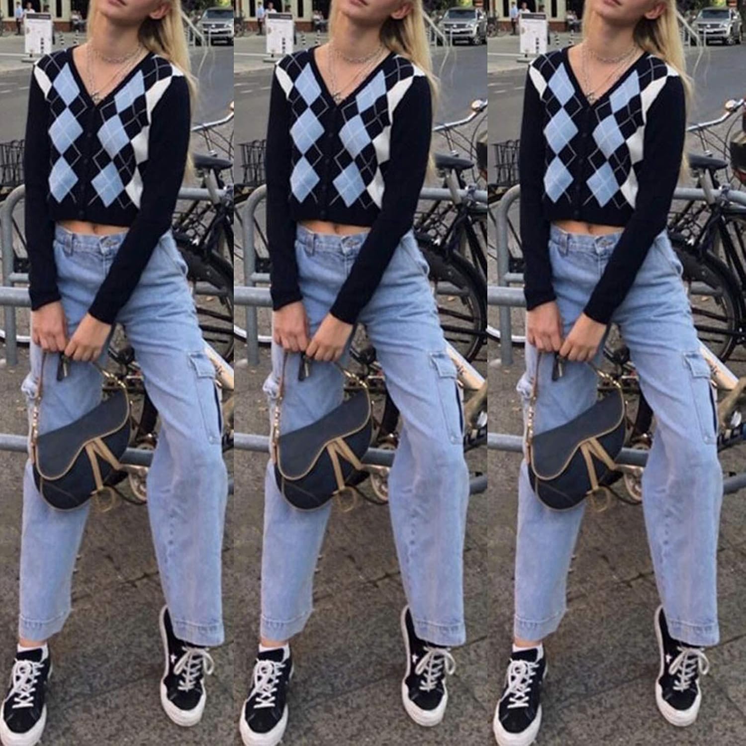 GHBOTTOM Women's Autumn Long Sleeve Knitted Cardigan Preppy Style Vintage Argyle Plaid Pullover Coat Single Breasted Button Down Slim Crop Top Outwear