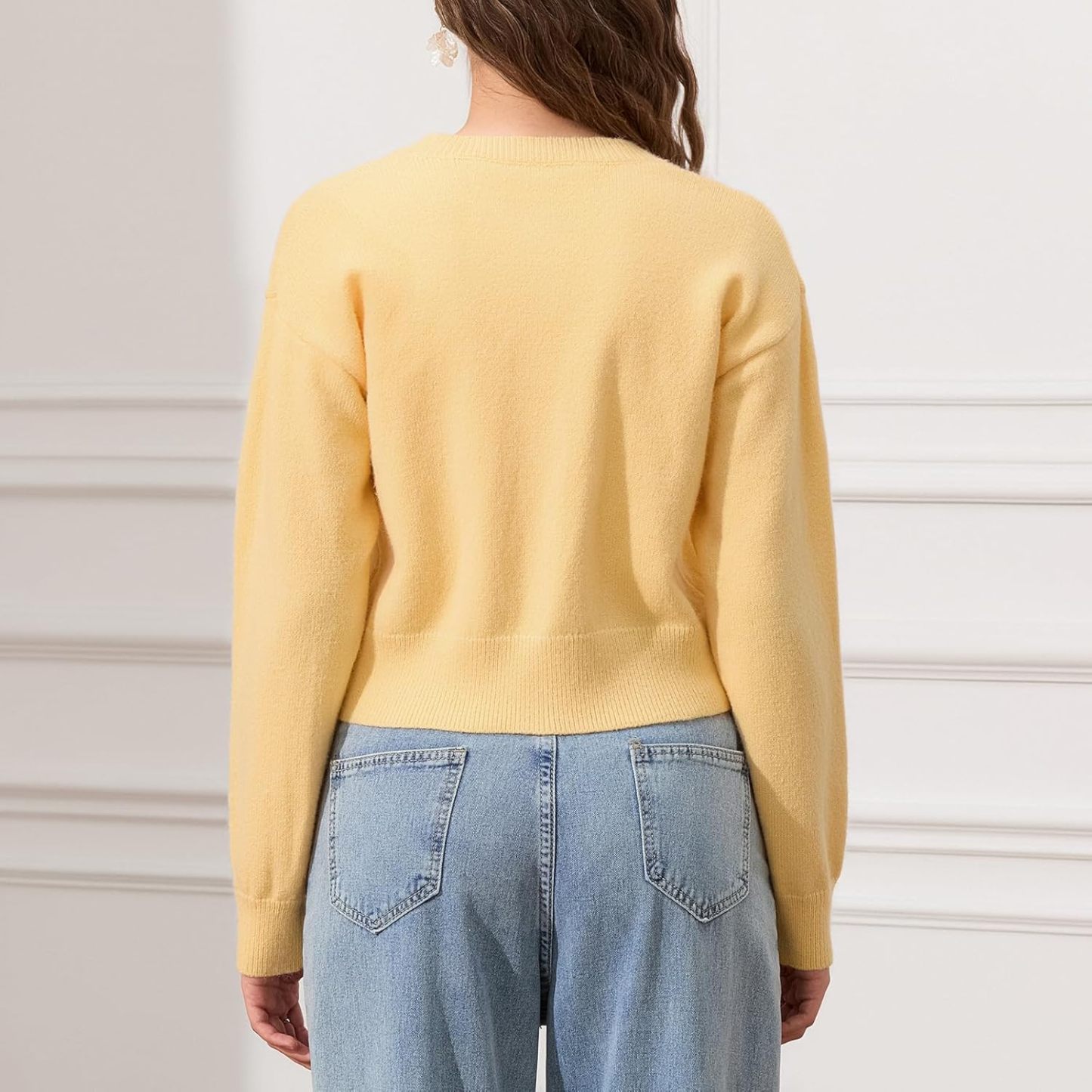 DELIMALI Women's Cropped Cardigan Knitwear Crew Neck Button Placket Long Sleeve Cardigan Sweater Lightweight Jacket Bolero Shrugs