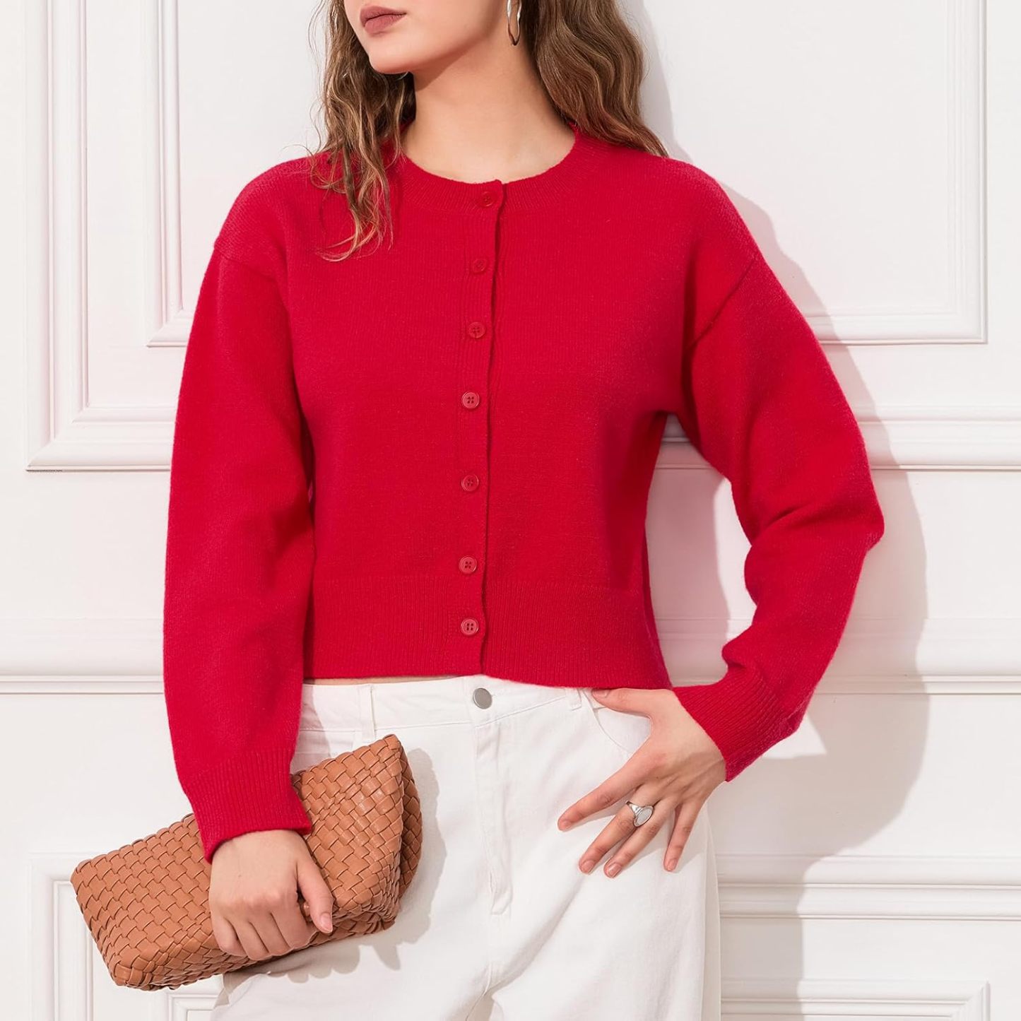 DELIMALI Women's Cropped Cardigan Knitwear Crew Neck Button Placket Long Sleeve Cardigan Sweater Lightweight Jacket Bolero Shrugs