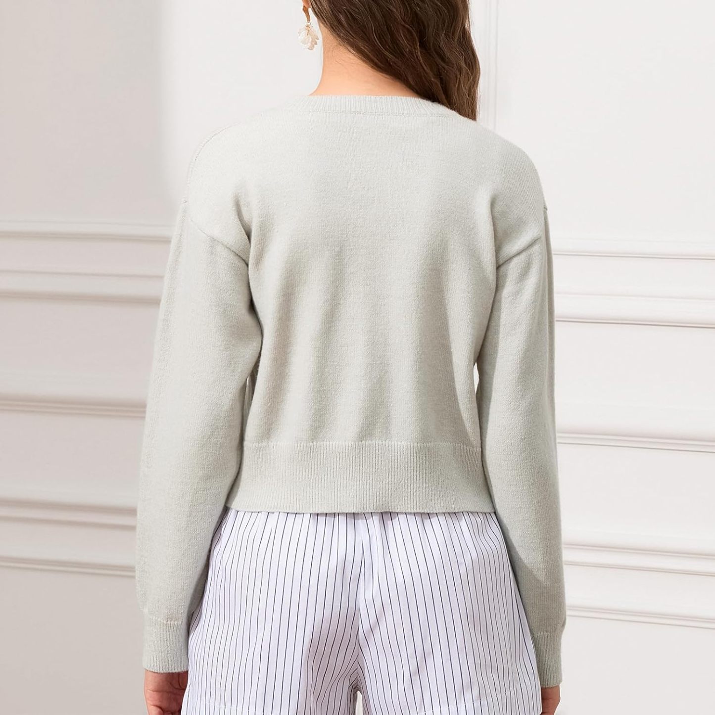 DELIMALI Women's Cropped Cardigan Knitwear Crew Neck Button Placket Long Sleeve Cardigan Sweater Lightweight Jacket Bolero Shrugs