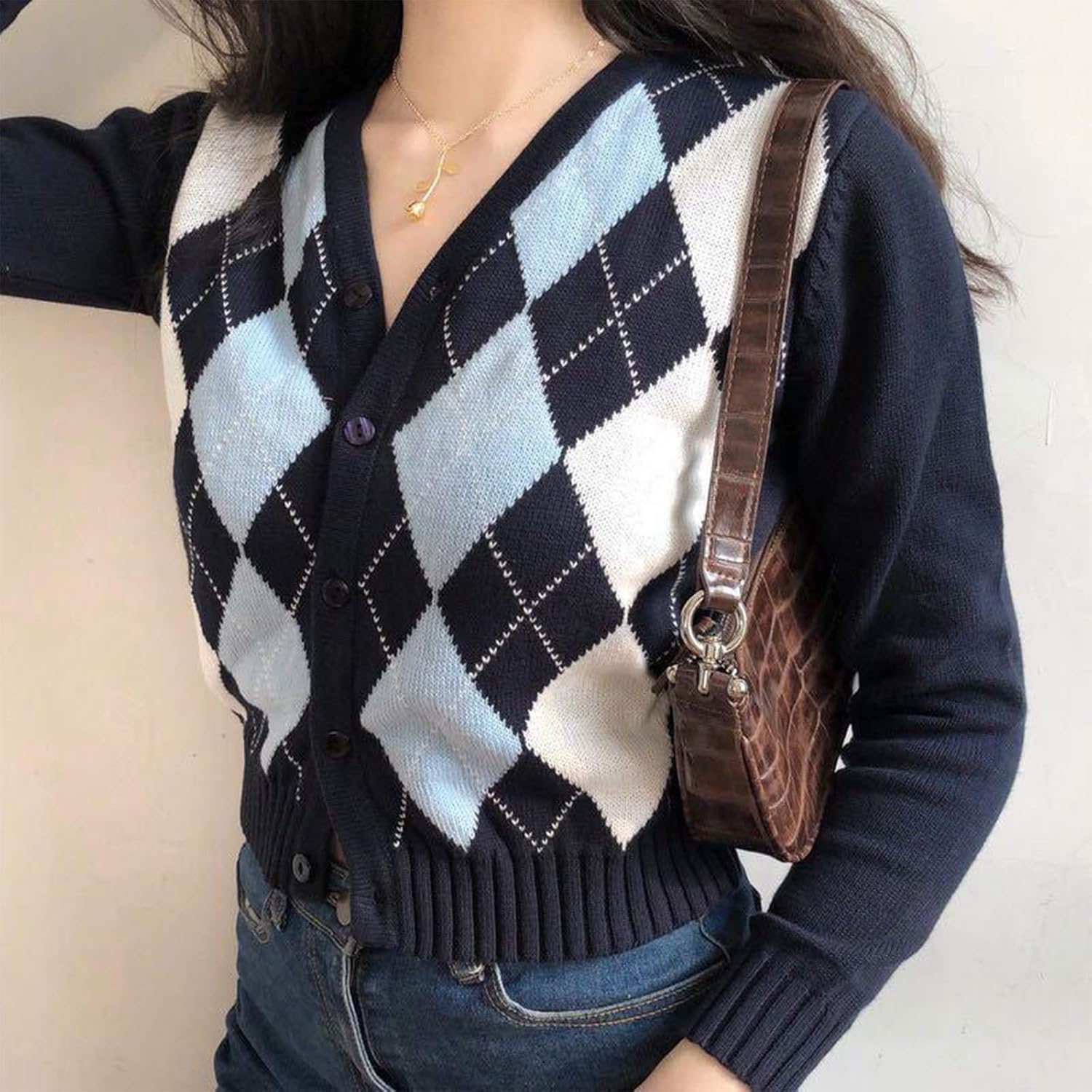 GHBOTTOM Women's Autumn Long Sleeve Knitted Cardigan Preppy Style Vintage Argyle Plaid Pullover Coat Single Breasted Button Down Slim Crop Top Outwear