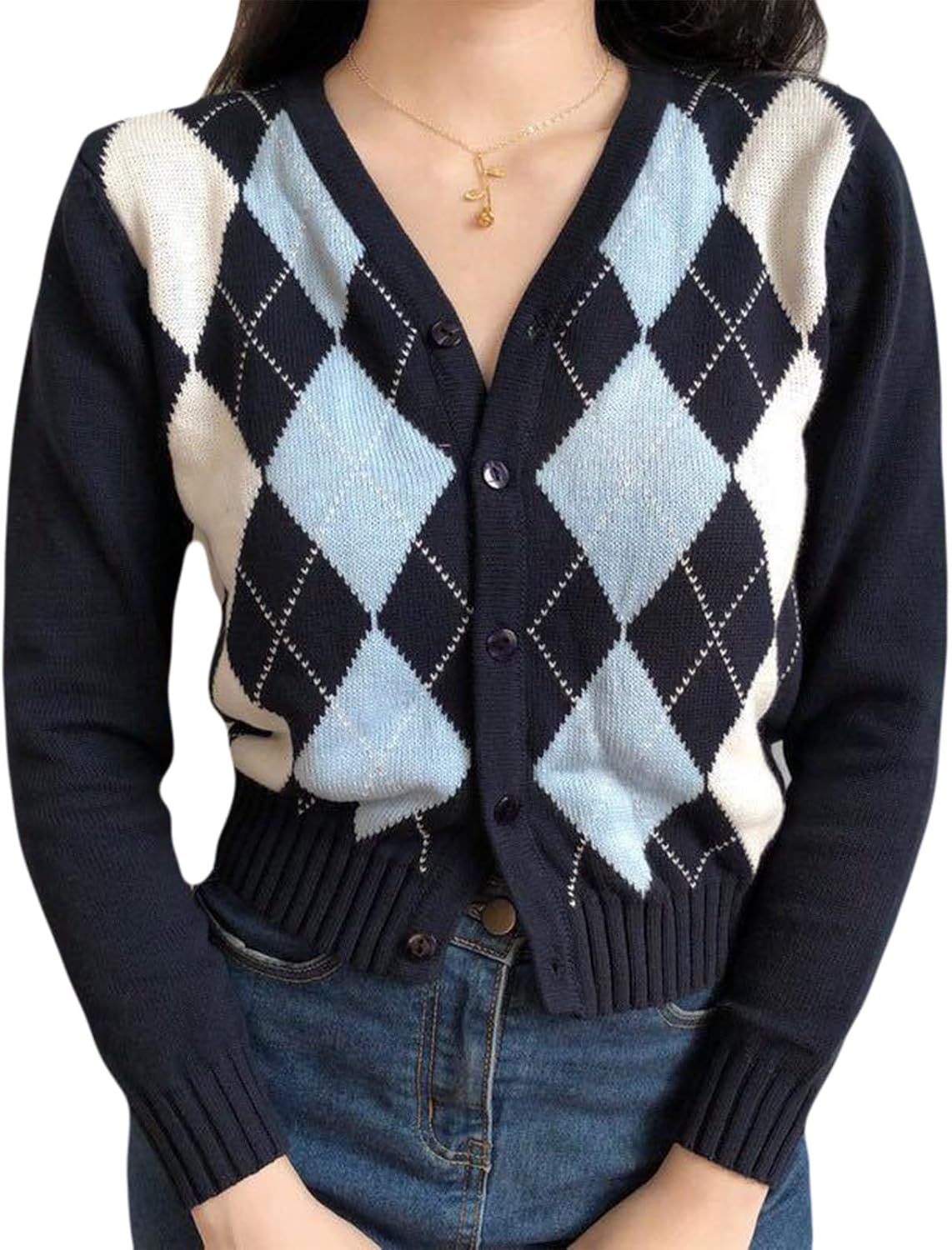 GHBOTTOM Women's Autumn Long Sleeve Knitted Cardigan Preppy Style Vint