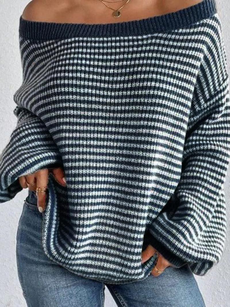 Women's Striped Pattern Drop Shoulder Long Sleeve Knitted Sweater, Casual Loose Fit Bishop Sleeve Boat Neck Jumper for Everyday Daily Outdoor Wear, Ladies Knitwear for Fall & Winter, Tops for Women, Navy Blue