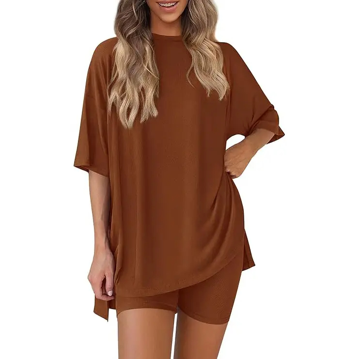 Women’s Summer Two-Piece Lounge Set – Oversized Crewneck Split Hem Top & Pocket Biker Shorts, Soft Viscose Casual Outfit