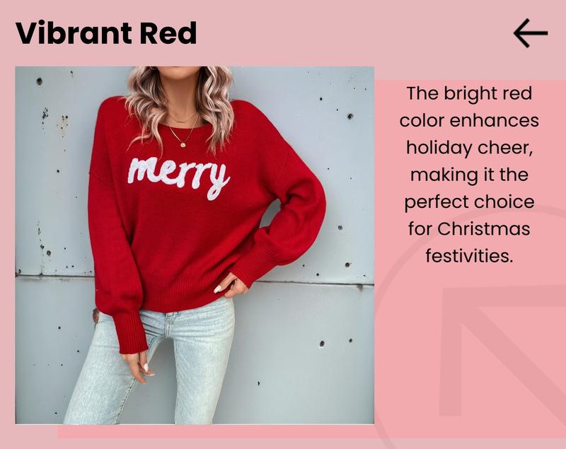 Women's Red Long Sleeve Pullover Sweater, Christmas Fall/winter Knitwear, Round Neck Casual Cute Pullover Sweater for Women, Suitable for Daily Outings, Parties, Ladies Christmas Autumn-winter Clothes, Fitted