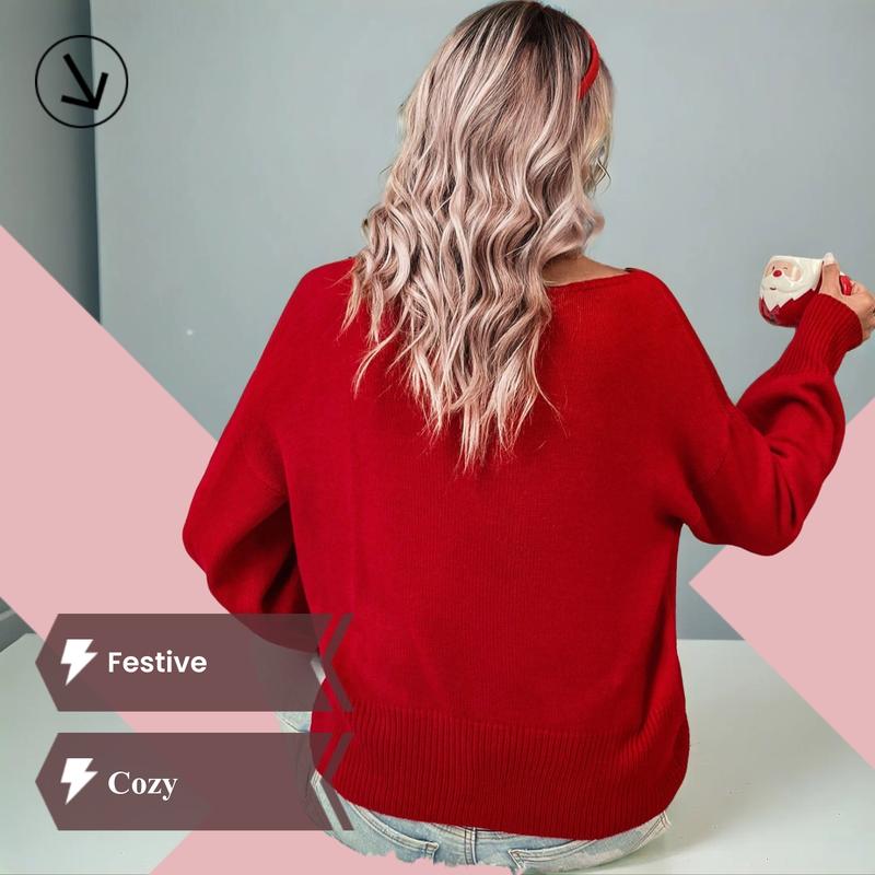 Women's Red Long Sleeve Pullover Sweater, Christmas Fall/winter Knitwear, Round Neck Casual Cute Pullover Sweater for Women, Suitable for Daily Outings, Parties, Ladies Christmas Autumn-winter Clothes, Fitted