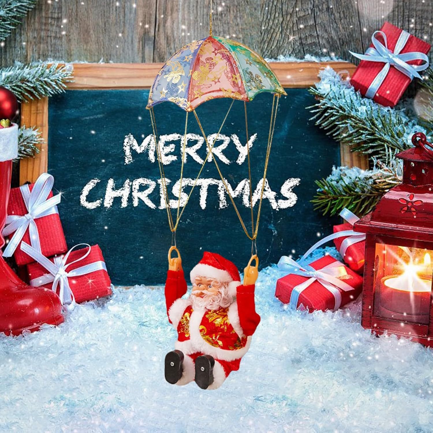 Funny Santa Claus Figurines Ornament, Electric Santa Twerk/Climbing Stairs/Climbing Rope/Climb Chimney Toy, Christmas Home Holiday Decorations (F-Santa Sitting Parachute, One Size)