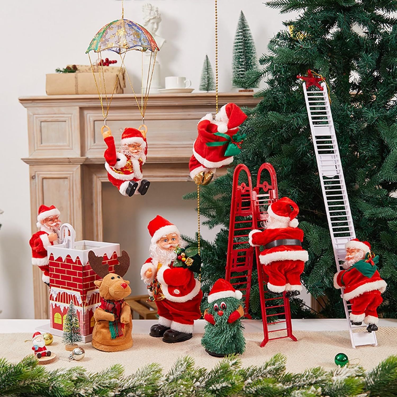 Funny Santa Claus Figurines Ornament, Electric Santa Twerk/Climbing Stairs/Climbing Rope/Climb Chimney Toy, Christmas Home Holiday Decorations (F-Santa Sitting Parachute, One Size)
