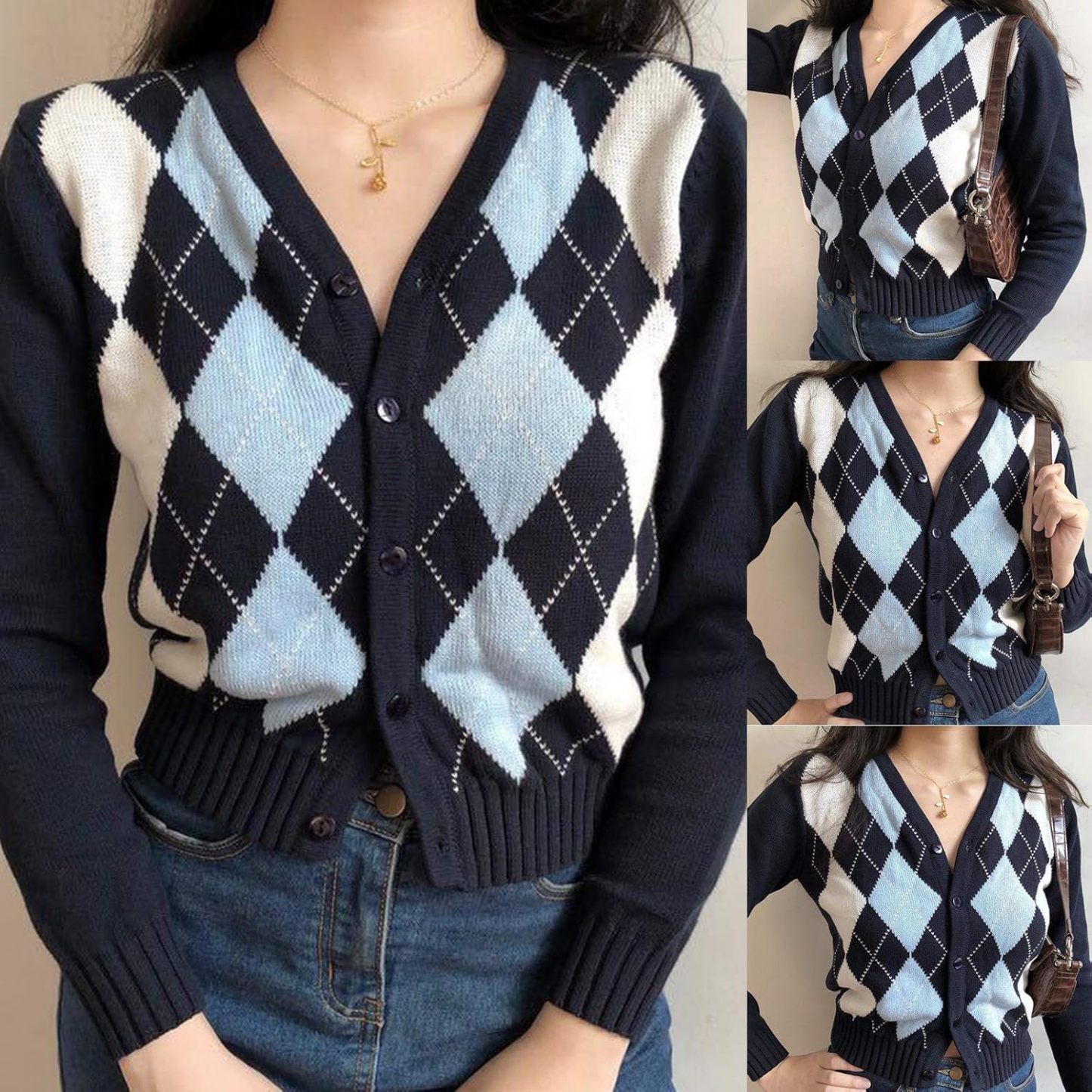 GHBOTTOM Women's Autumn Long Sleeve Knitted Cardigan Preppy Style Vintage Argyle Plaid Pullover Coat Single Breasted Button Down Slim Crop Top Outwear