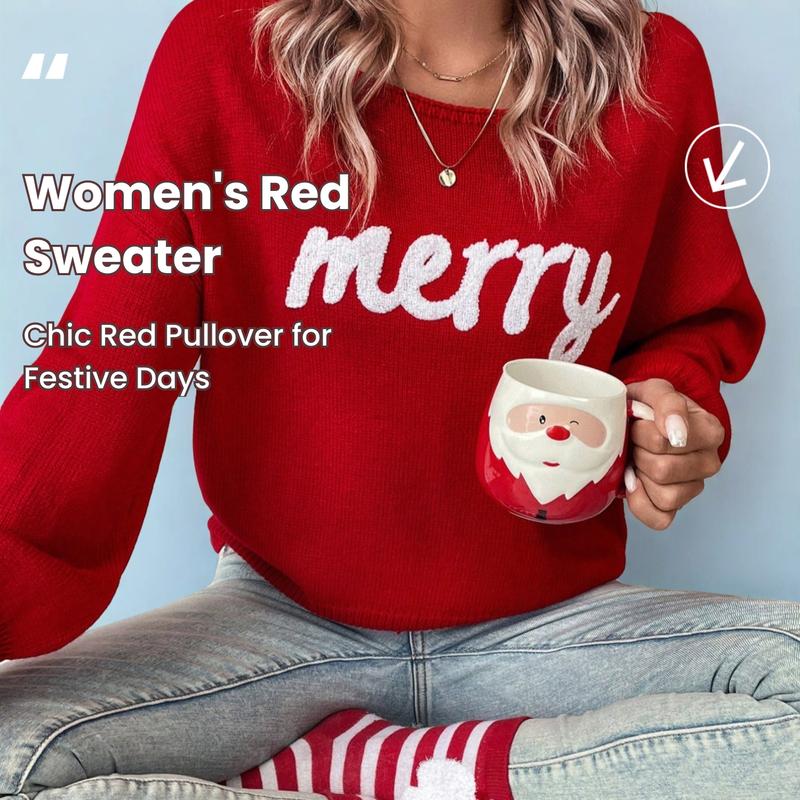 Women's Red Long Sleeve Pullover Sweater, Christmas Fall/winter Knitwear, Round Neck Casual Cute Pullover Sweater for Women, Suitable for Daily Outings, Parties, Ladies Christmas Autumn-winter Clothes, Fitted