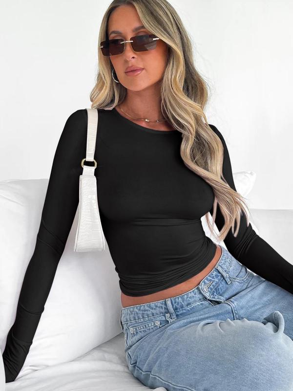 Women's New Trendy Round Neck Long Sleeve Crop Tee, Casual Elegance Soft Crew Neck T-shirt, Soft Tshirt, Women's Slim-fitting Top for Band Club Music Festival Dating Daily Wear