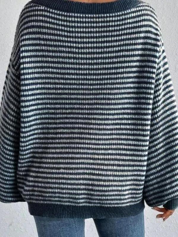 Women's Striped Pattern Drop Shoulder Long Sleeve Knitted Sweater, Casual Loose Fit Bishop Sleeve Boat Neck Jumper for Everyday Daily Outdoor Wear, Ladies Knitwear for Fall & Winter, Tops for Women, Navy Blue