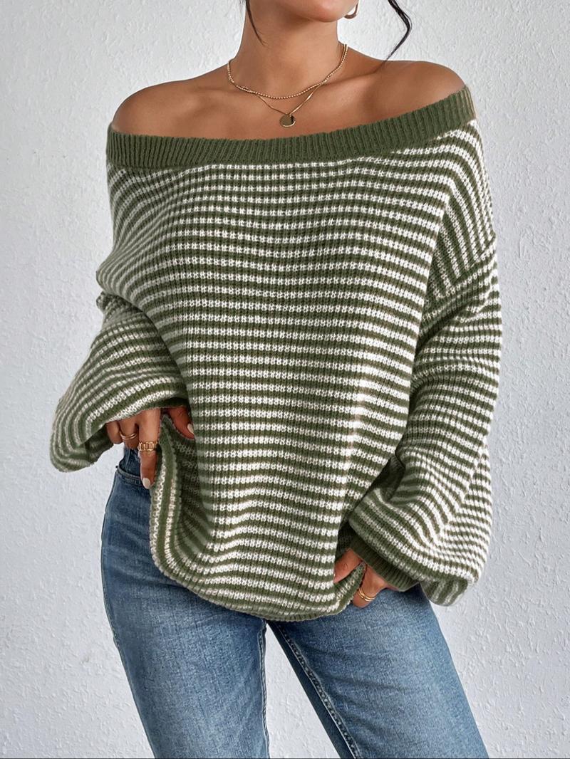 Women's Striped Pattern Drop Shoulder Long Sleeve Knitted Sweater, Casual Loose Fit Bishop Sleeve Boat Neck Jumper for Everyday Daily Outdoor Wear, Ladies Knitwear for Fall & Winter, Tops for Women, Navy Blue