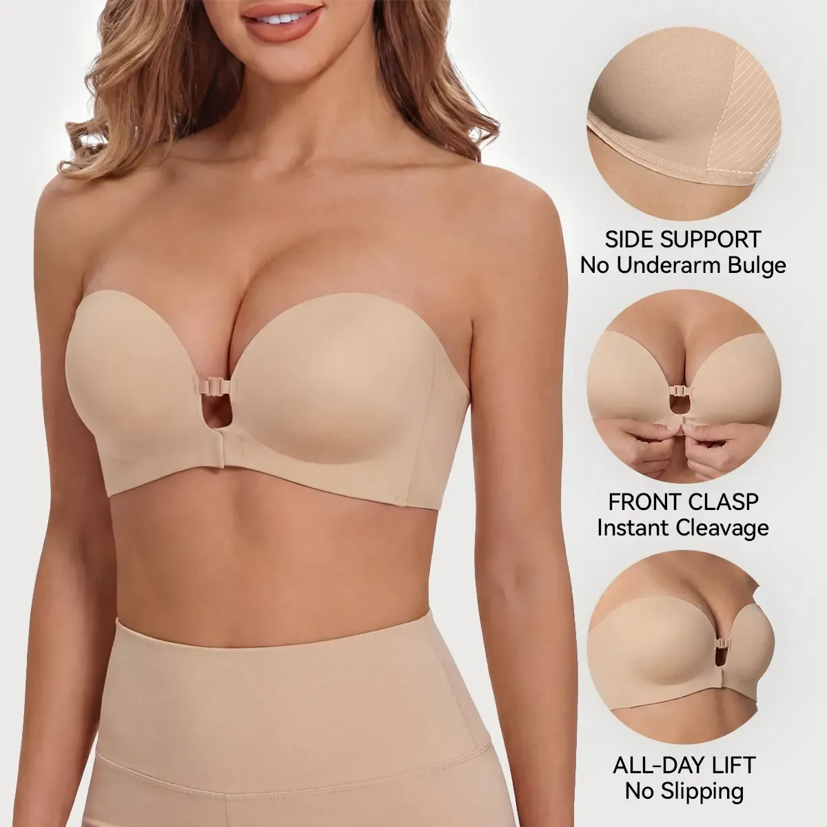 LUCKMEEY Womens Strapless Front Closure Bra Push Up Lift Bra Padded Add Cup Non Slip  Anti-Slip Grip & Removable Straps Fit Outfits Wireless Supportive  Seamless Comfortable A B C Cup#TikTokShopDealsforYouDays