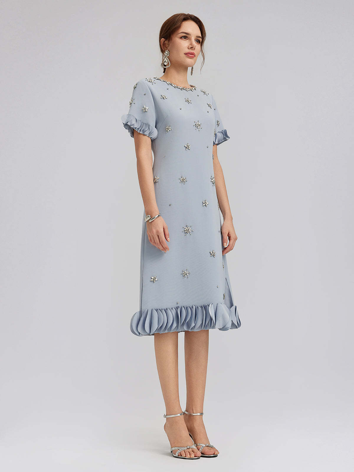 Hand-Sewn Beaded Floral-Trim Dress