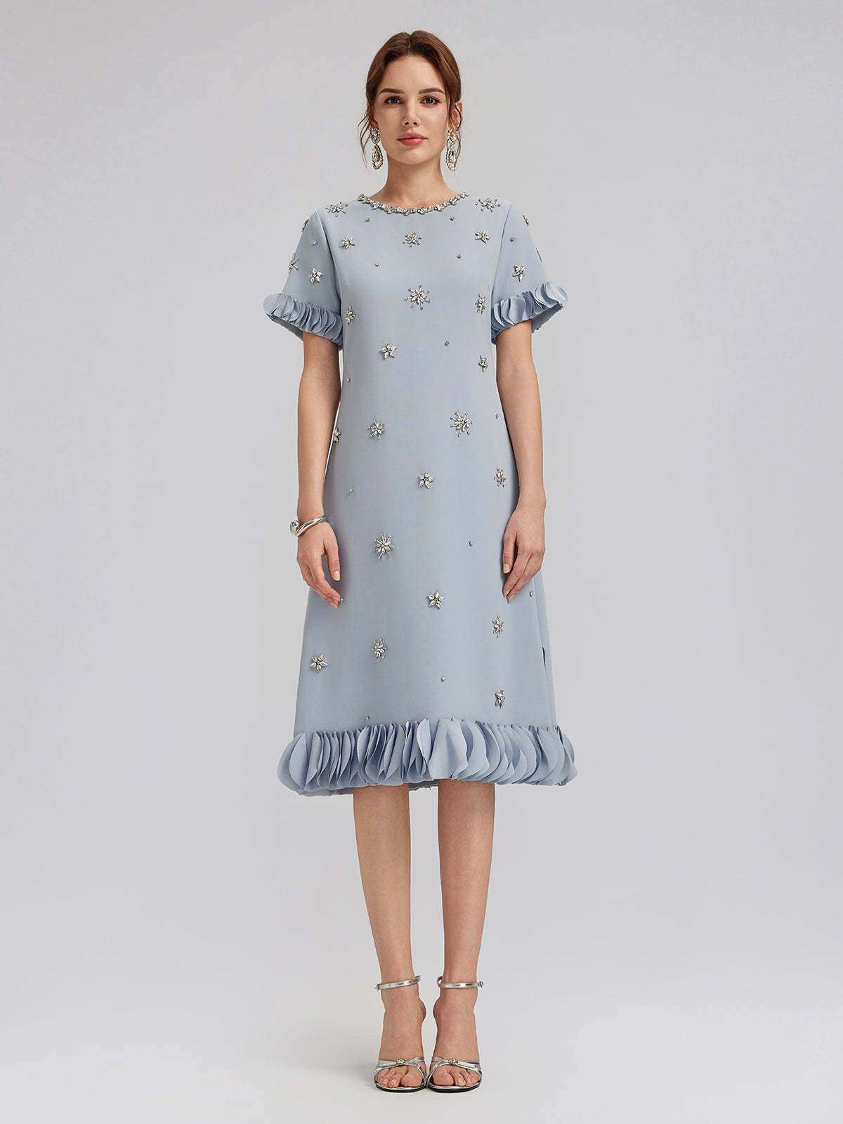 Hand-Sewn Beaded Floral-Trim Dress