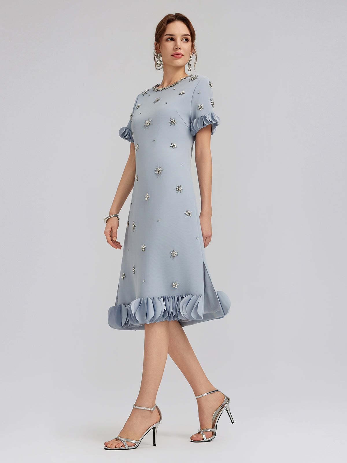 Hand-Sewn Beaded Floral-Trim Dress