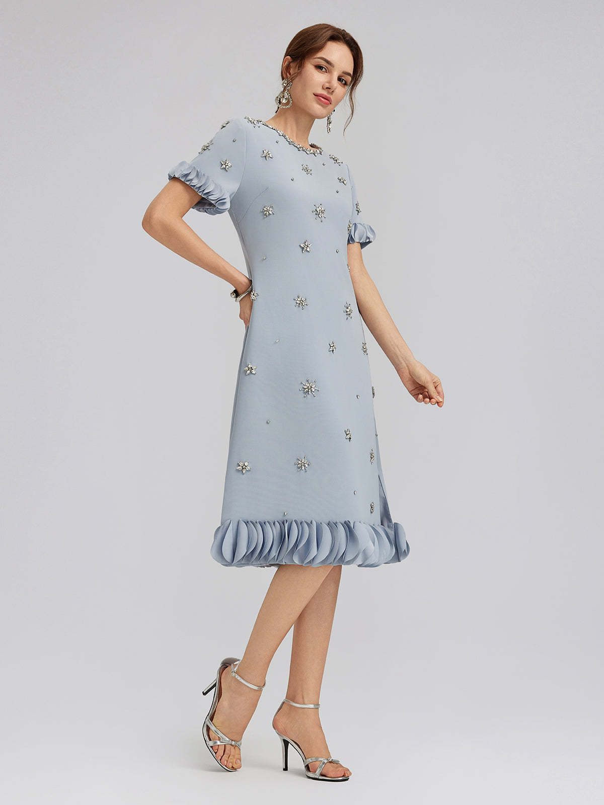 Hand-Sewn Beaded Floral-Trim Dress