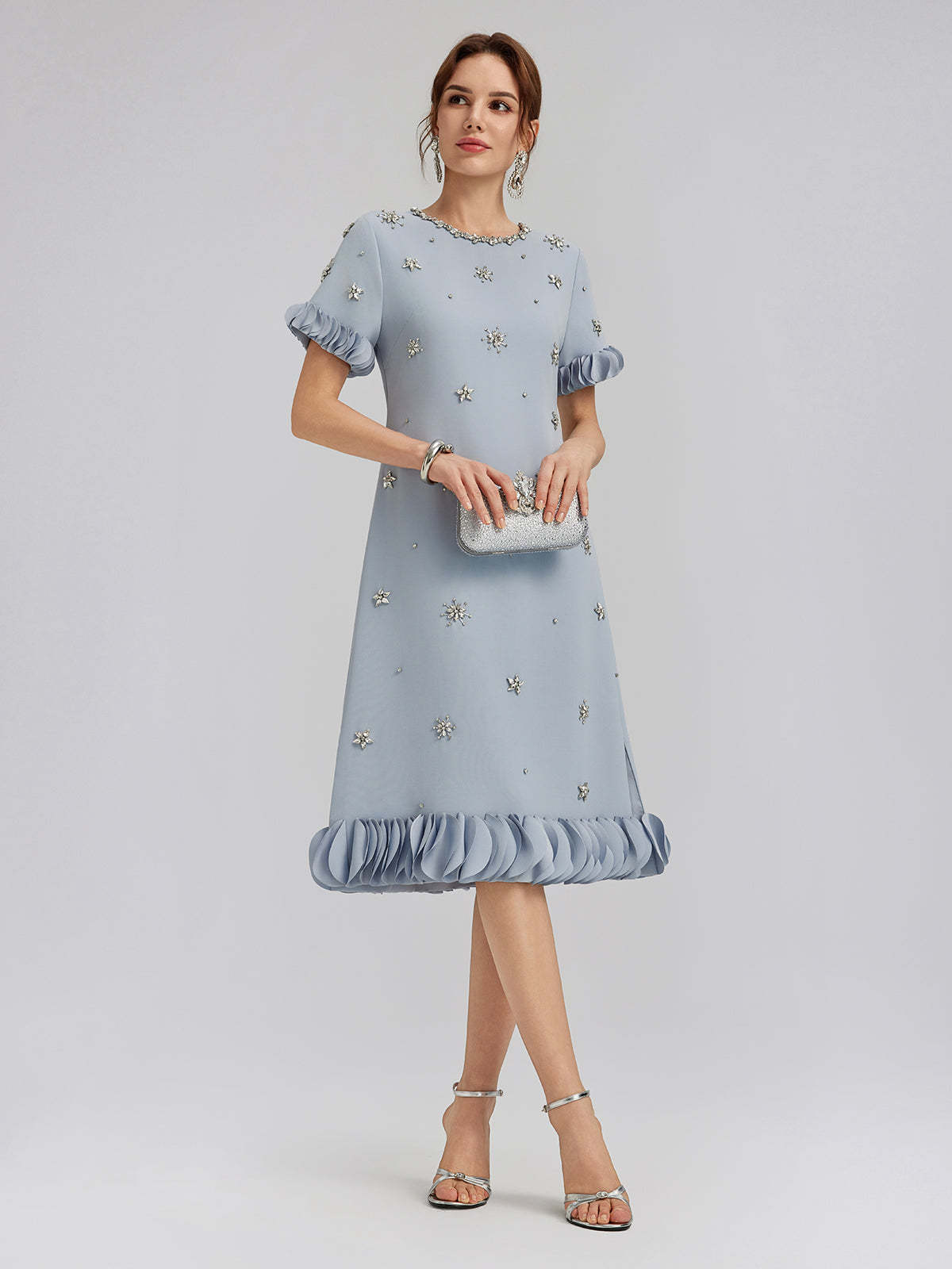 Hand-Sewn Beaded Floral-Trim Dress