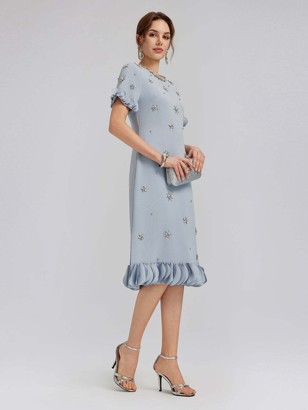 Hand-Sewn Beaded Floral-Trim Dress