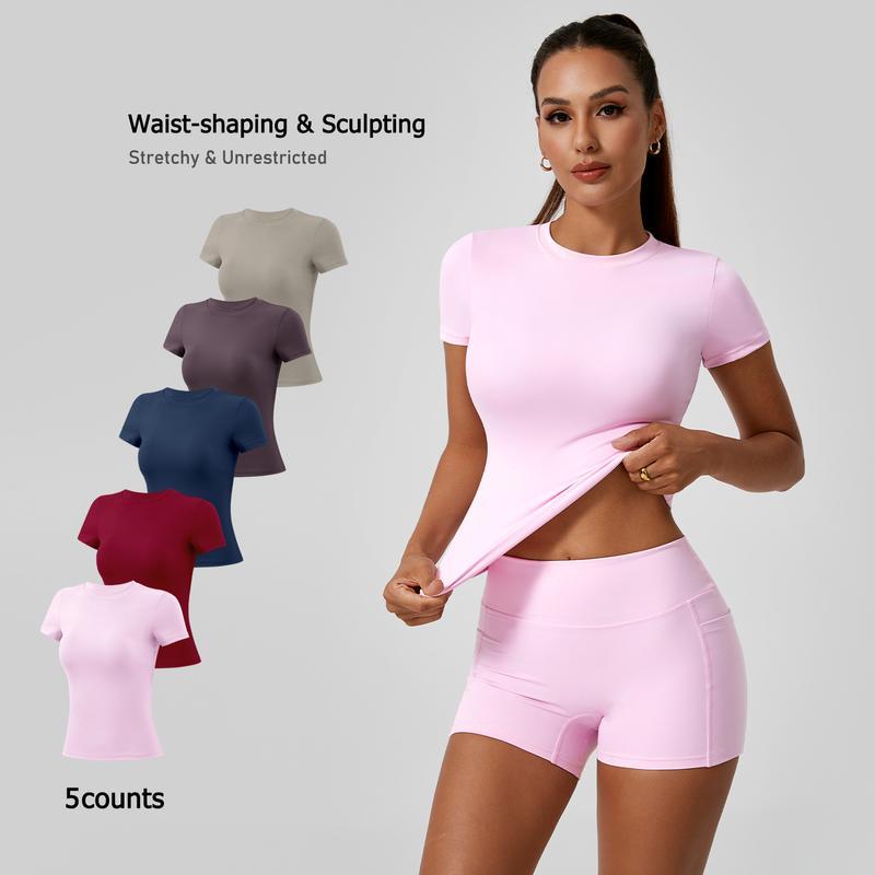 ⚡Flash Sale 👍Solid Sports Tee Set Round Neck Slim Stretchy Ideal for Yoga 🔥
