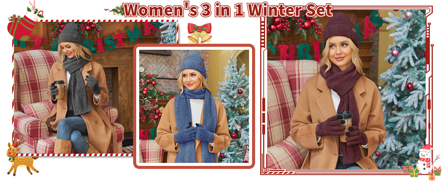 Womens Winter Knit Warm Hat Beanie+Long Scarf+Touch Screen Gloves Set