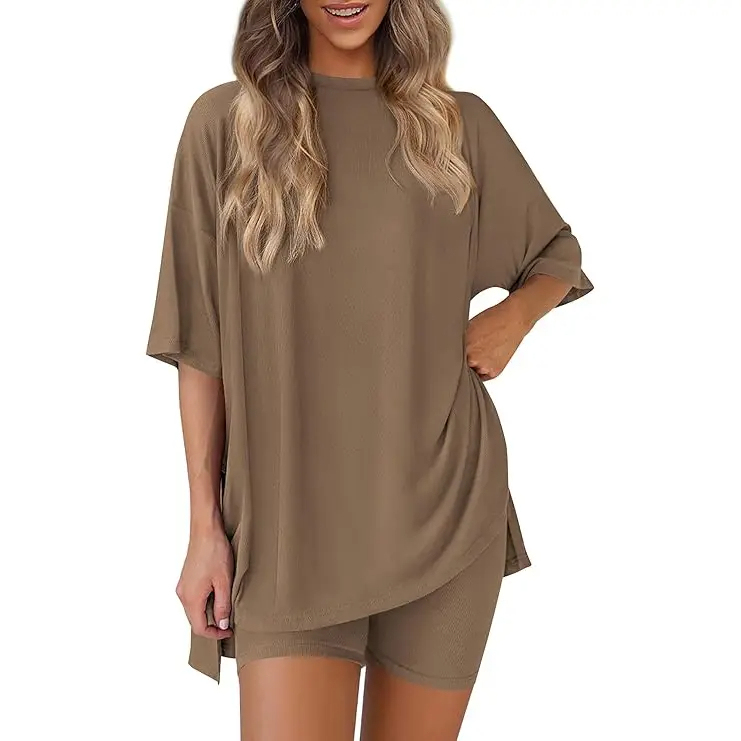 Women’s Summer Two-Piece Lounge Set – Oversized Crewneck Split Hem Top & Pocket Biker Shorts, Soft Viscose Casual Outfit
