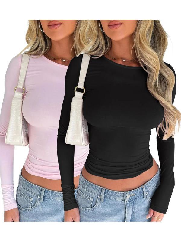 Women's New Trendy Round Neck Long Sleeve Crop Tee, Casual Elegance Soft Crew Neck T-shirt, Soft Tshirt, Women's Slim-fitting Top for Band Club Music Festival Dating Daily Wear