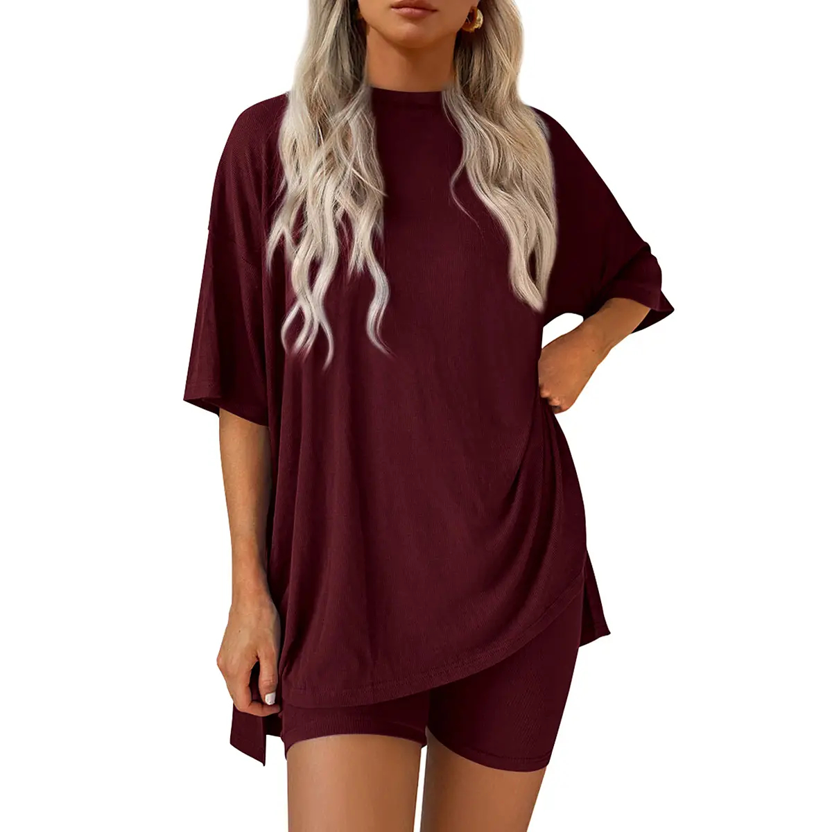 ⚡⚡ Flash Deal🔥Women’s Summer Two-Piece Lounge Set – Oversized Crewneck Split Hem Top & Pocket Biker Shorts