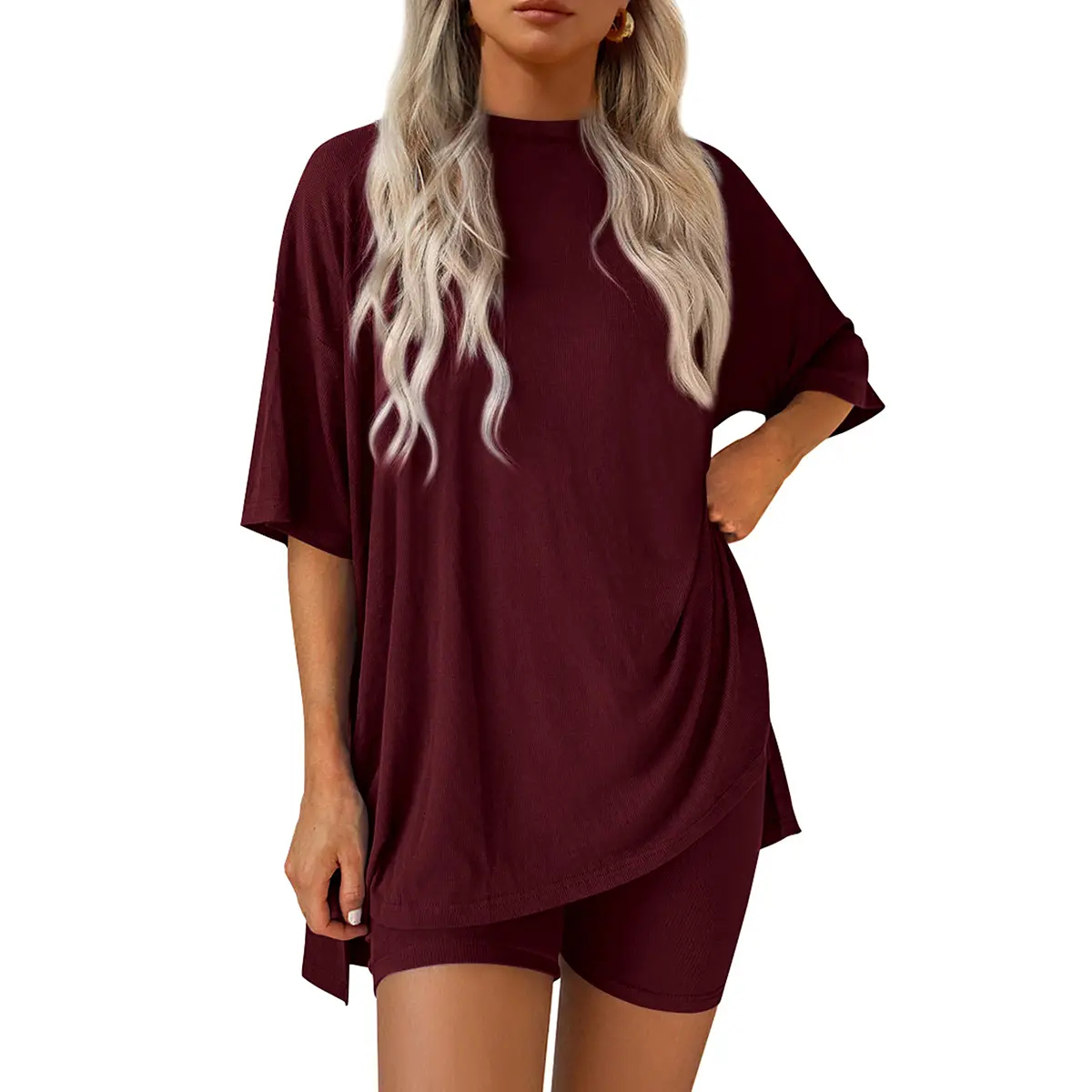 Women’s Summer Two-Piece Lounge Set – Oversized Crewneck Split Hem Top & Pocket Biker Shorts, Soft Viscose Casual Outfit