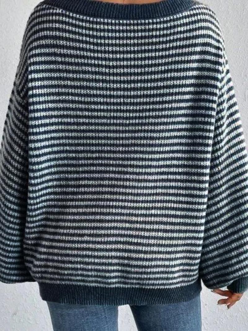 Women's Striped Pattern Drop Shoulder Long Sleeve Knitted Sweater, Casual Loose Fit Bishop Sleeve Boat Neck Jumper for Everyday Daily Outdoor Wear, Ladies Knitwear for Fall & Winter, Tops for Women, Navy Blue