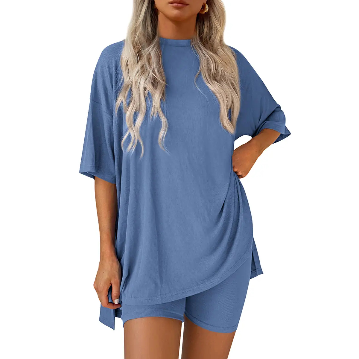 Women’s Summer Two-Piece Lounge Set – Oversized Crewneck Split Hem Top & Pocket Biker Shorts, Soft Viscose Casual Outfit