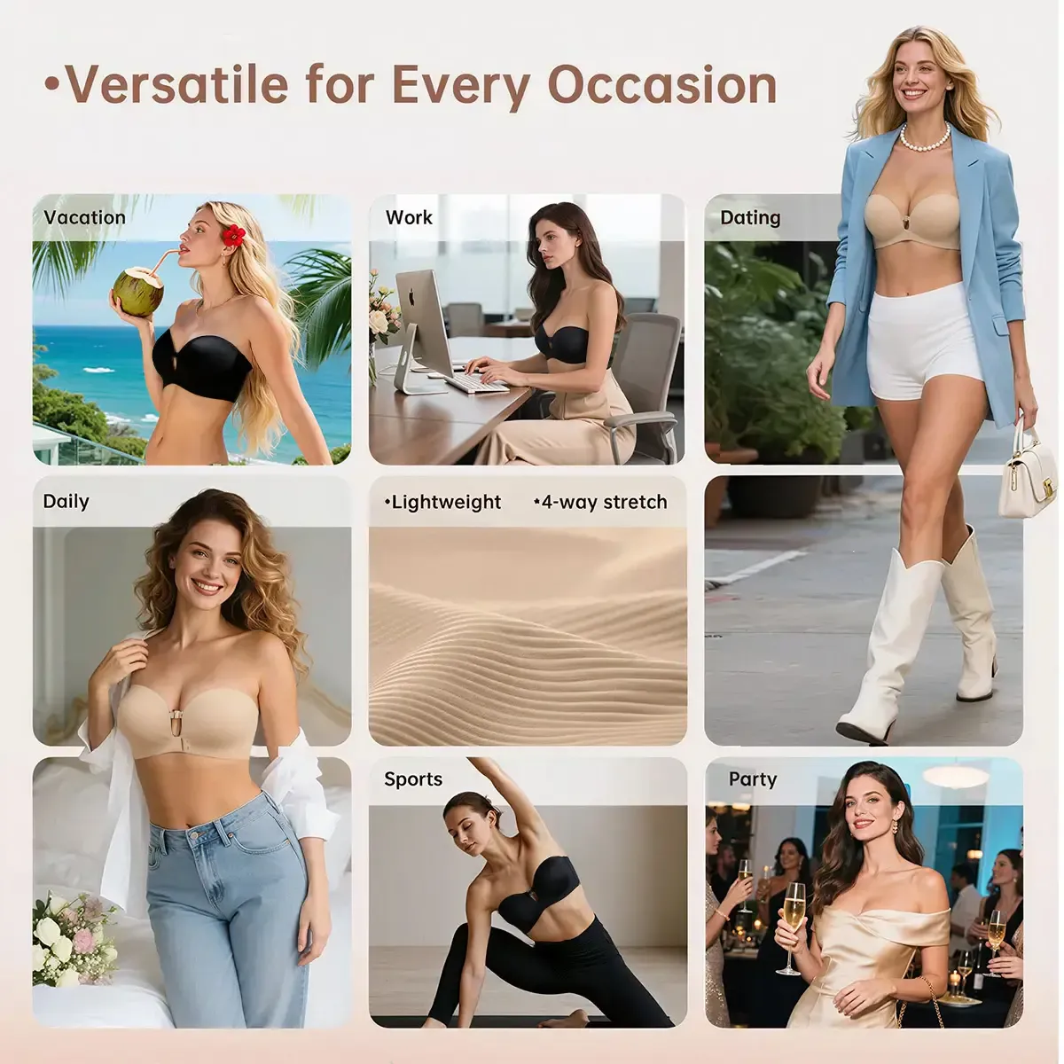 LUCKMEEY Womens Strapless Front Closure Bra Push Up Lift Bra Padded Add Cup Non Slip  Anti-Slip Grip & Removable Straps Fit Outfits Wireless Supportive  Seamless Comfortable A B C Cup#TikTokShopDealsforYouDays