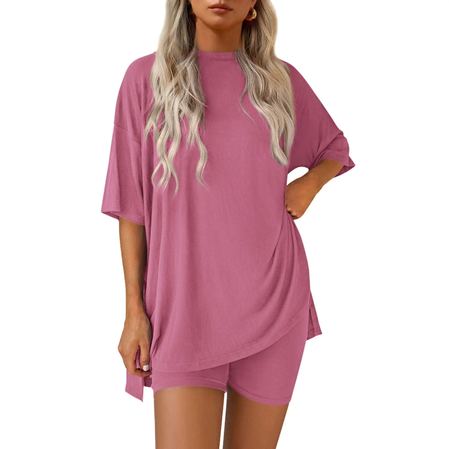 Women’s Summer Two-Piece Lounge Set – Oversized Crewneck Split Hem Top & Pocket Biker Shorts, Soft Viscose Casual Outfit