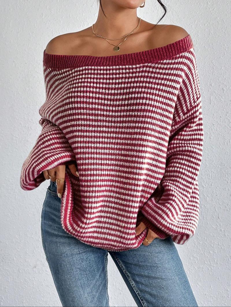 Women's Striped Pattern Drop Shoulder Long Sleeve Knitted Sweater, Casual Loose Fit Bishop Sleeve Boat Neck Jumper for Everyday Daily Outdoor Wear, Ladies Knitwear for Fall & Winter, Tops for Women, Navy Blue