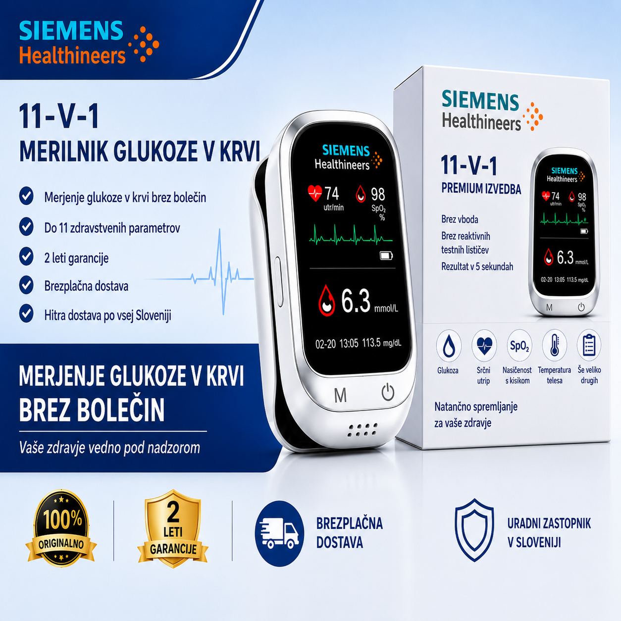 🩸 Siemens™ 11-v-1 neinvazivni glukometer: brez zbadanja prsta, brez testnih lističev, rezultati v samo 5 sekundah.