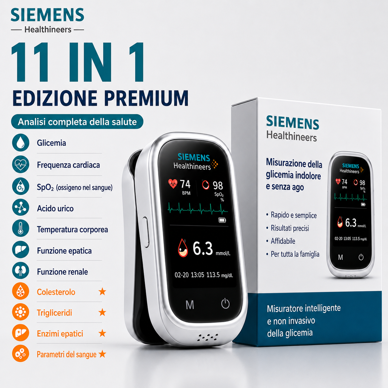 🩸 Glucometro Siemens™ 11-in-1 senza puntura: nessuna puntura, niente strisce reattive, risultati in soli 5 secondi.