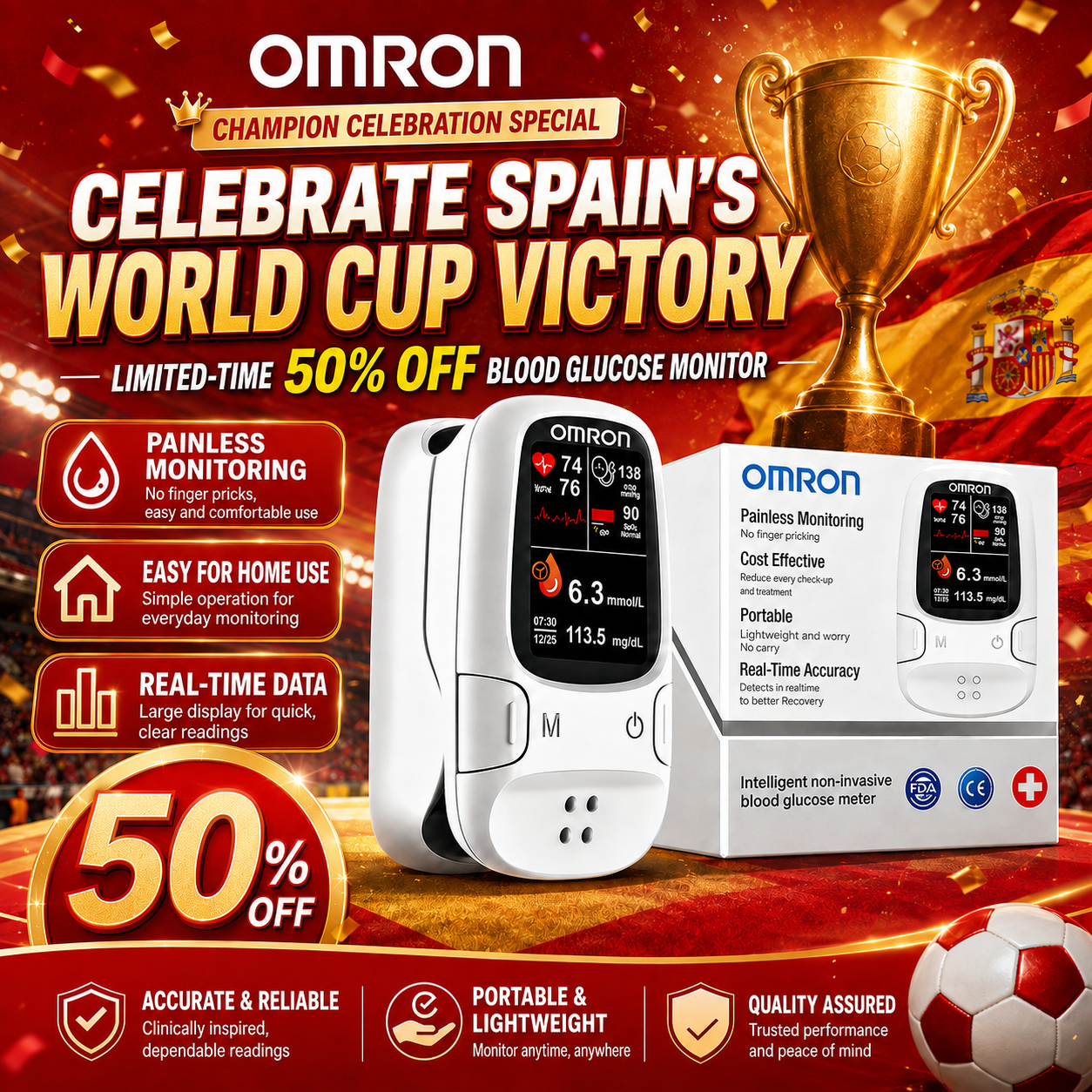🔥 Edición Limitada Copa del Mundo: Omron™ se enorgullece de lanzar su nuevo monitor inteligente y no invasivo de glucosa en sangre 🔥 Fabricado en EE. UU. 🔥