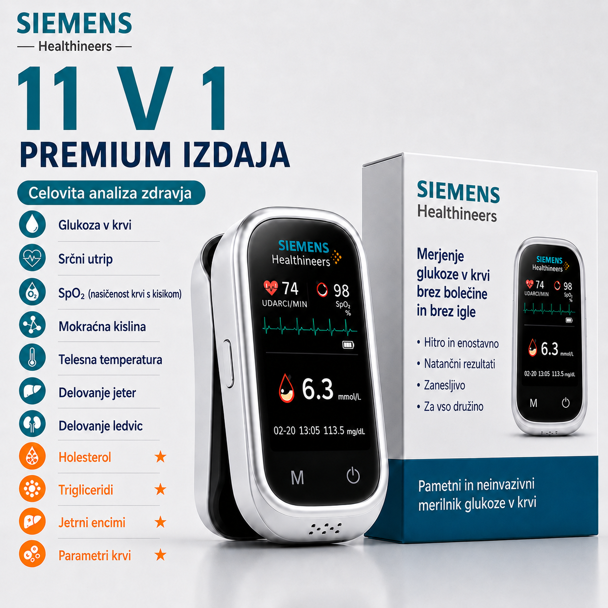 🩸 Siemens™ 11-v-1 neinvazivni glukometer: brez zbadanja prsta, brez testnih lističev, rezultati v samo 5 sekundah.