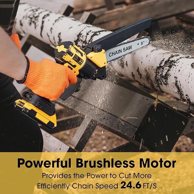 Mini Chainsaw for 20V MAX Battery, 8-Inch Brushless Cordless Pruning Chainsaw, 24.6FT/S Fast Powerful Cutting, 4000RPM Electric for Wood Cutting(Battery Not Included) (Yellow)