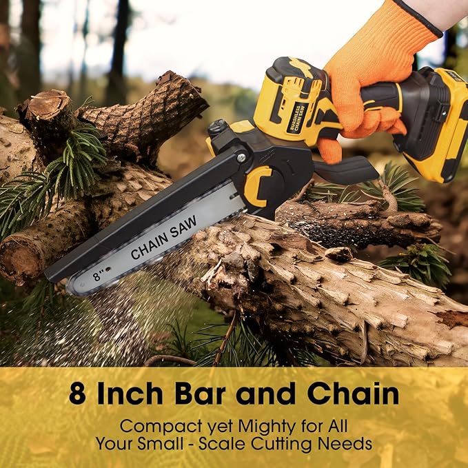 Mini Chainsaw for 20V MAX Battery, 8-Inch Brushless Cordless Pruning Chainsaw, 24.6FT/S Fast Powerful Cutting, 4000RPM Electric for Wood Cutting(Battery Not Included) (Yellow)