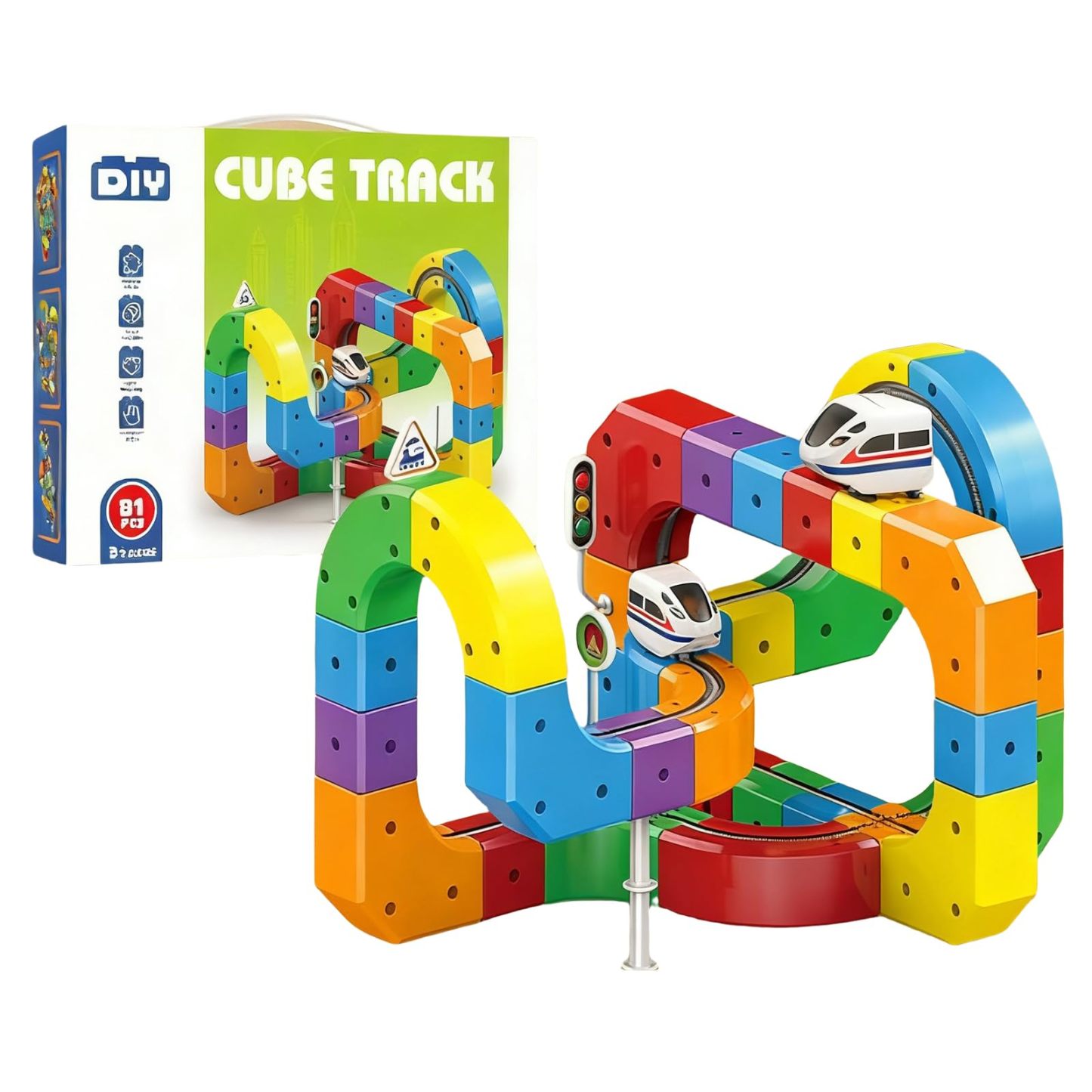 Rail Train  Set 3D Embedded Race Track Gravity Defying Motorized Car Rail Cube DIY  Montessori Sensory  Building Toy 81 Pcs STEM Christmas Birthday Gift