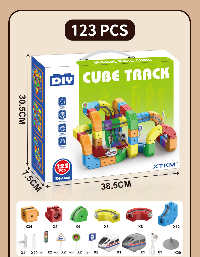 Rail Train  Set 3D Embedded Race Track Gravity Defying Motorized Car Rail Cube DIY  Montessori Sensory  Building Toy 123 Pcs STEM Christmas Birthday Gift
