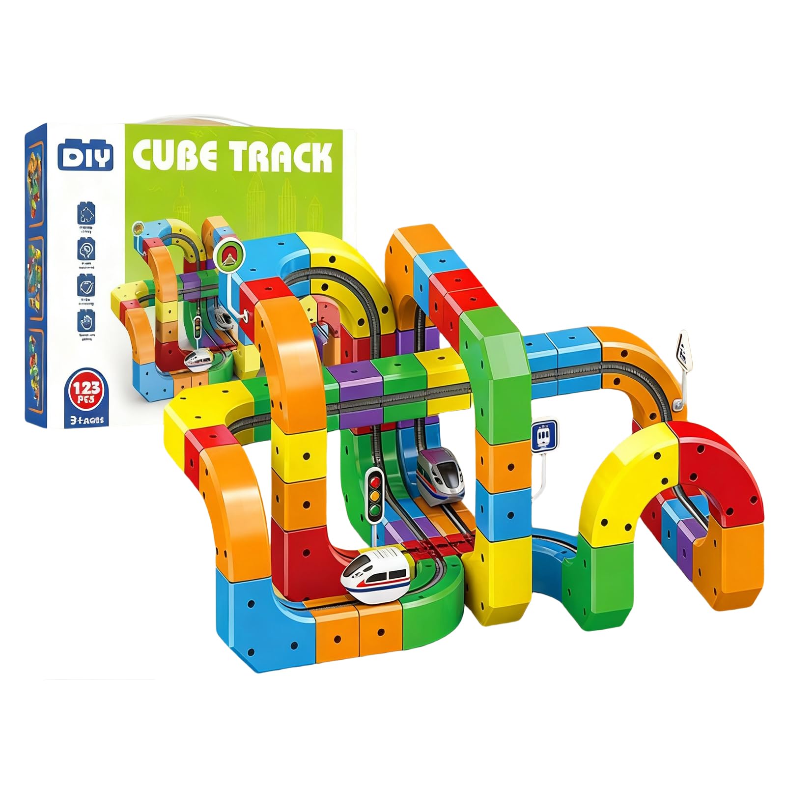 Rail Train  Set 3D Embedded Race Track Gravity Defying Motorized Car Rail Cube DIY  Montessori Sensory  Building Toy 123 Pcs STEM Christmas Birthday Gift