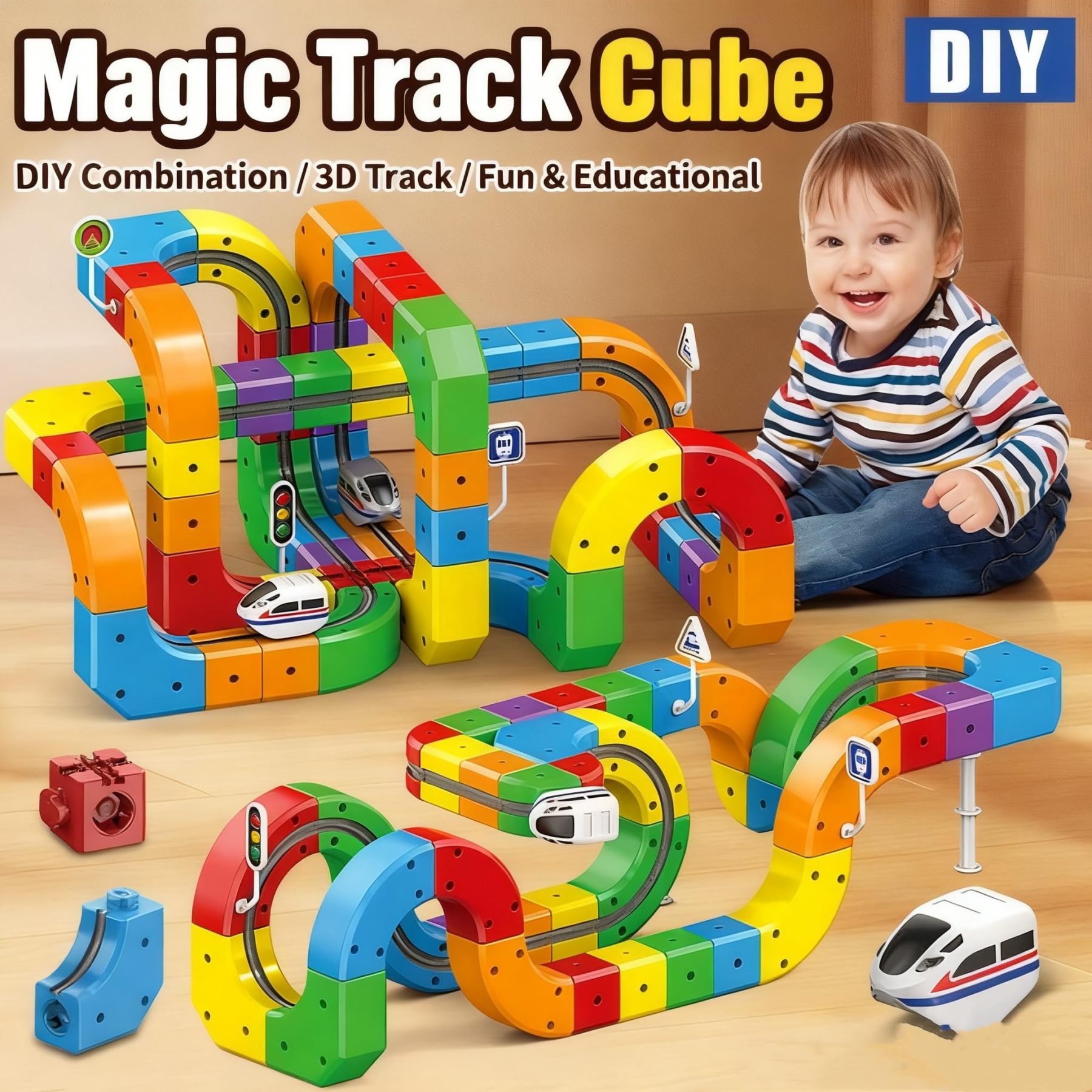 Rail Train  Set 3D Embedded Race Track Gravity Defying Motorized Car Rail Cube DIY  Montessori Sensory  Building Toy 123 Pcs STEM Christmas Birthday Gift
